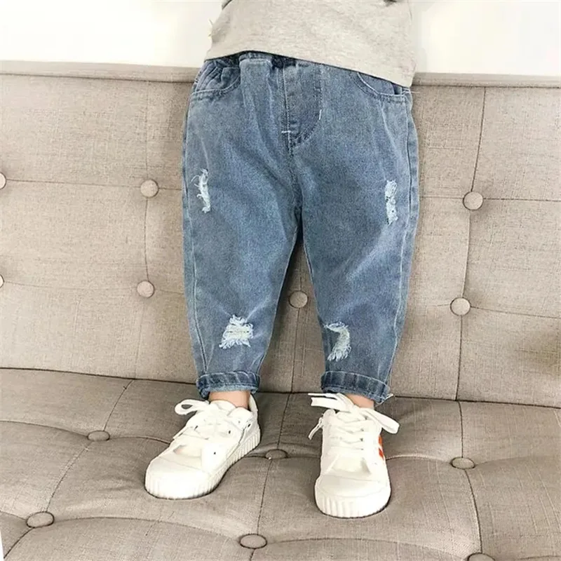 Korean Style Children's Fashionable Ripped Jeans Spring and Autumn Thin Boys Denim Trousers New Baby Casual High Waist Jeans