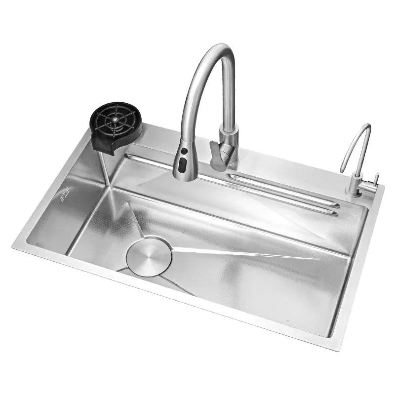 

Kitchen Sink With Faucet Square Kitchen Sink Embossed Large Single tank Stainless Steel Sus304 Counter Three Left Right Side