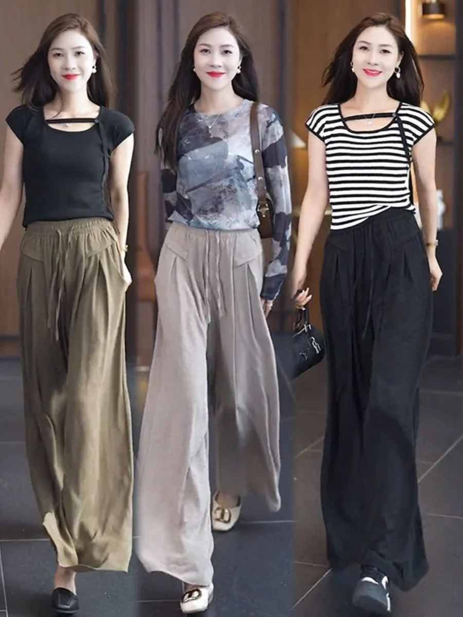 Women's Wide Leg Pants Spring Summer New Style Loose Drapey Casual Skirt Pants Pleated Sembach Pants High Waist Long Pants