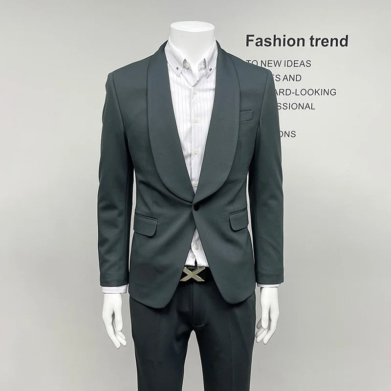 Grey Green Korea Slim Style Men Suits Blazer Single 1 Button Casual Wedding Groom Wear Stage Show Man Clothing Christmas Jackets