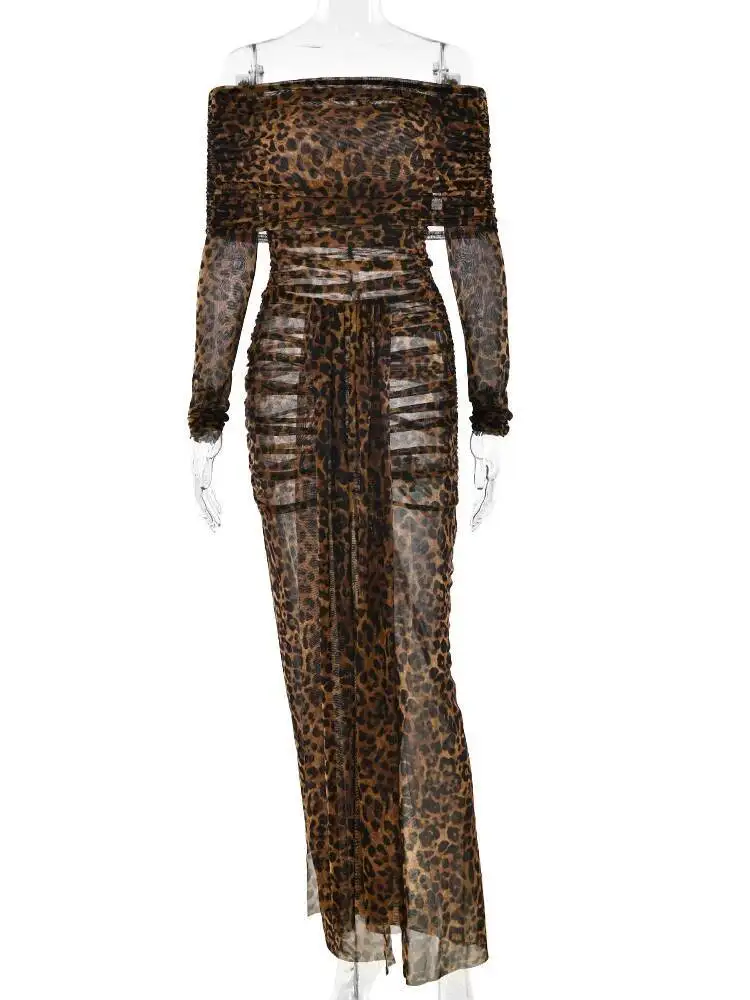 Fantoye Print Leopard Two Piece Sets Women Skirt Suit Long Sleeve Top High Slit Skirt Autumn Skinny Elegant Party Clubwear 2025
