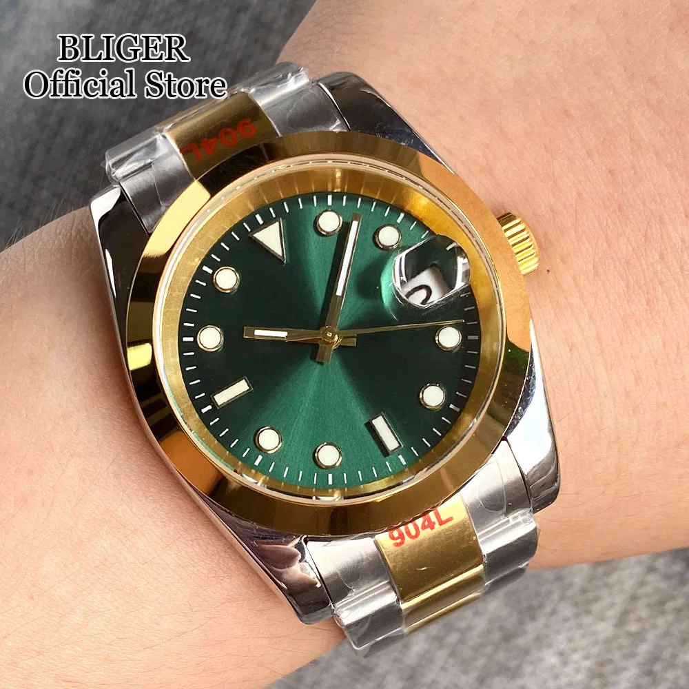 BLIGER 36mm 39mm Two Tone Gold Coating Selfwinding Mens Watch NH35A Sunburst Green Dial Steel Band Auto Date Elegant Style New