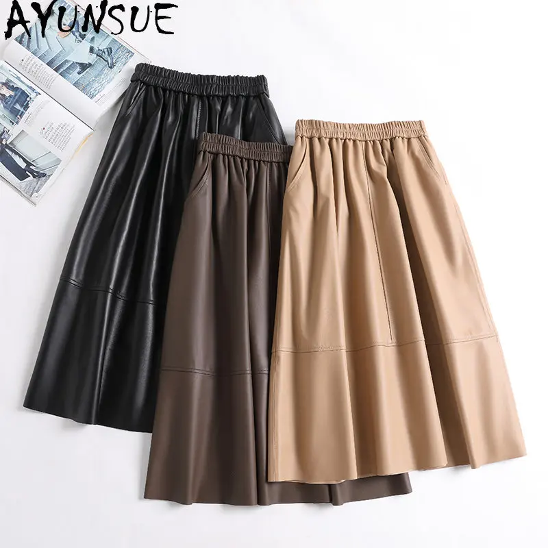 

AYUNSUE Genuine Sheepskin Leather Skirt Wome's Clothing High Waist Skirt Mid-length Black Skirts Korean Style Streetwear faldas