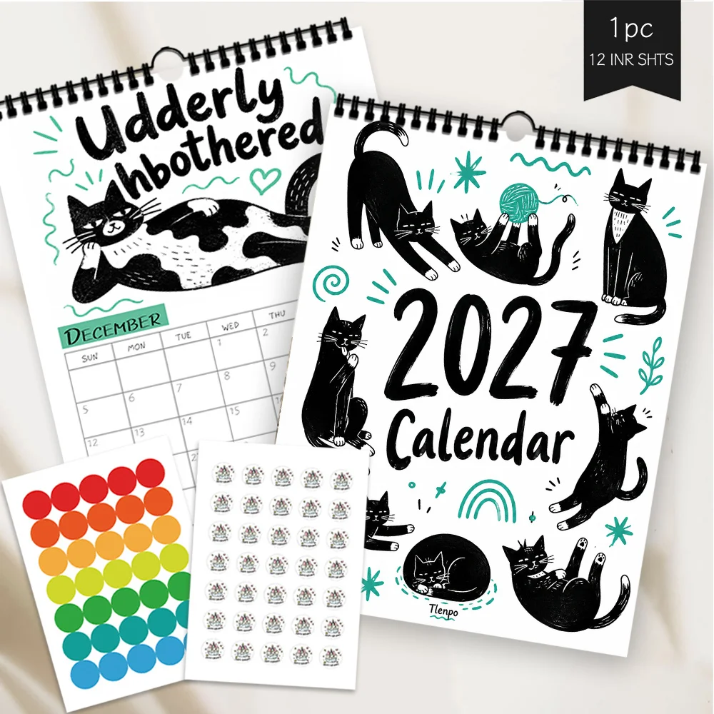 1pc, 2027 Wall Calendar, Pun B&W Cat Art, 12 Month Planner for Home Office Decor, Christmas New Year Gift with Stickers