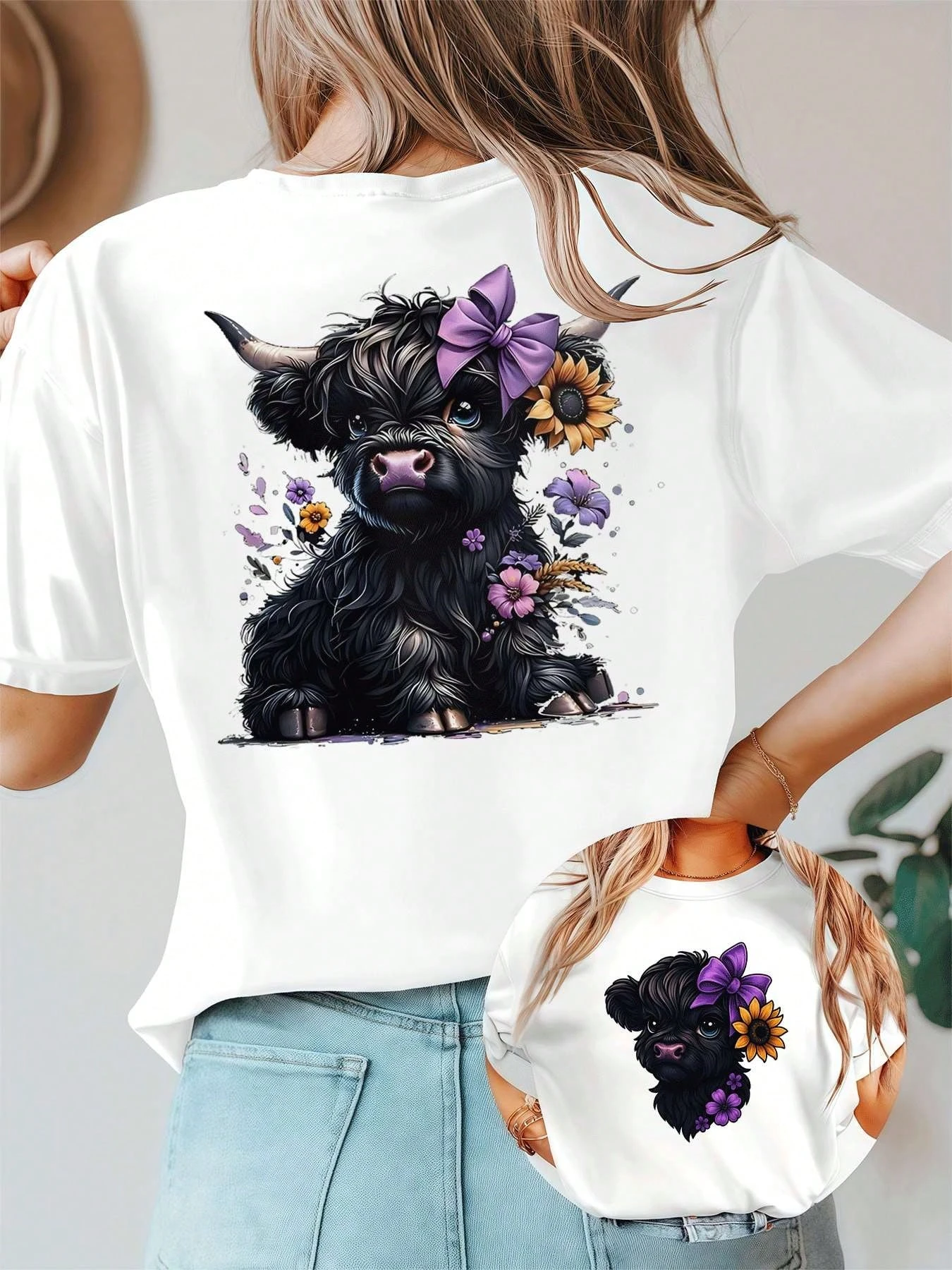 

Новая женская футболка с цветочным узором Highland Cow, двусторонний принт, модный повседневный стиль, лето 2026, удобный топ с короткими рукавами Y2k