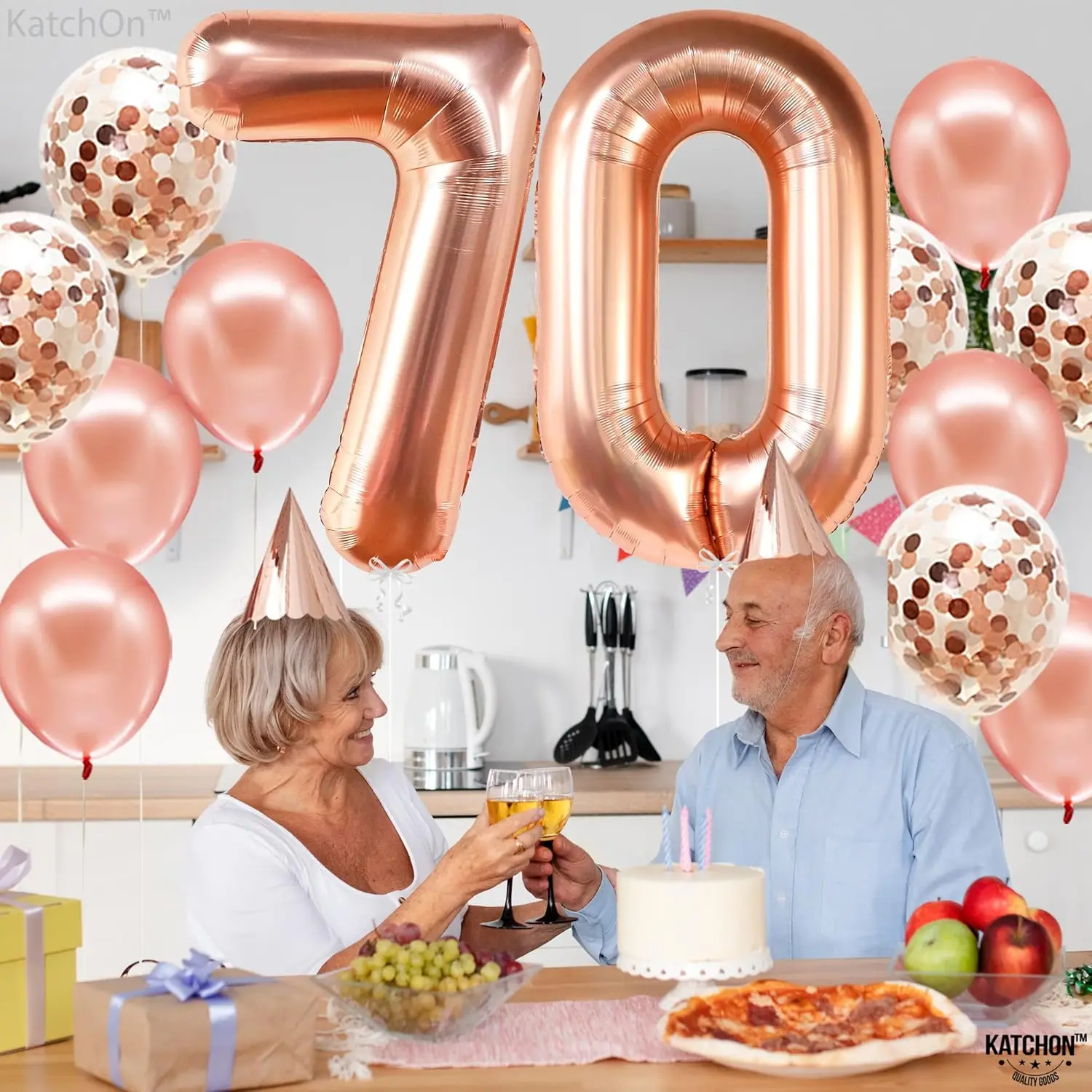 ‌ بالونة من رقائق الذهب الوردي مقاس 40 بوصة رقم 70 مع قصاصات - زينة عيد الميلاد والذكرى السبعينيات - بالونة حفلات كبيرة