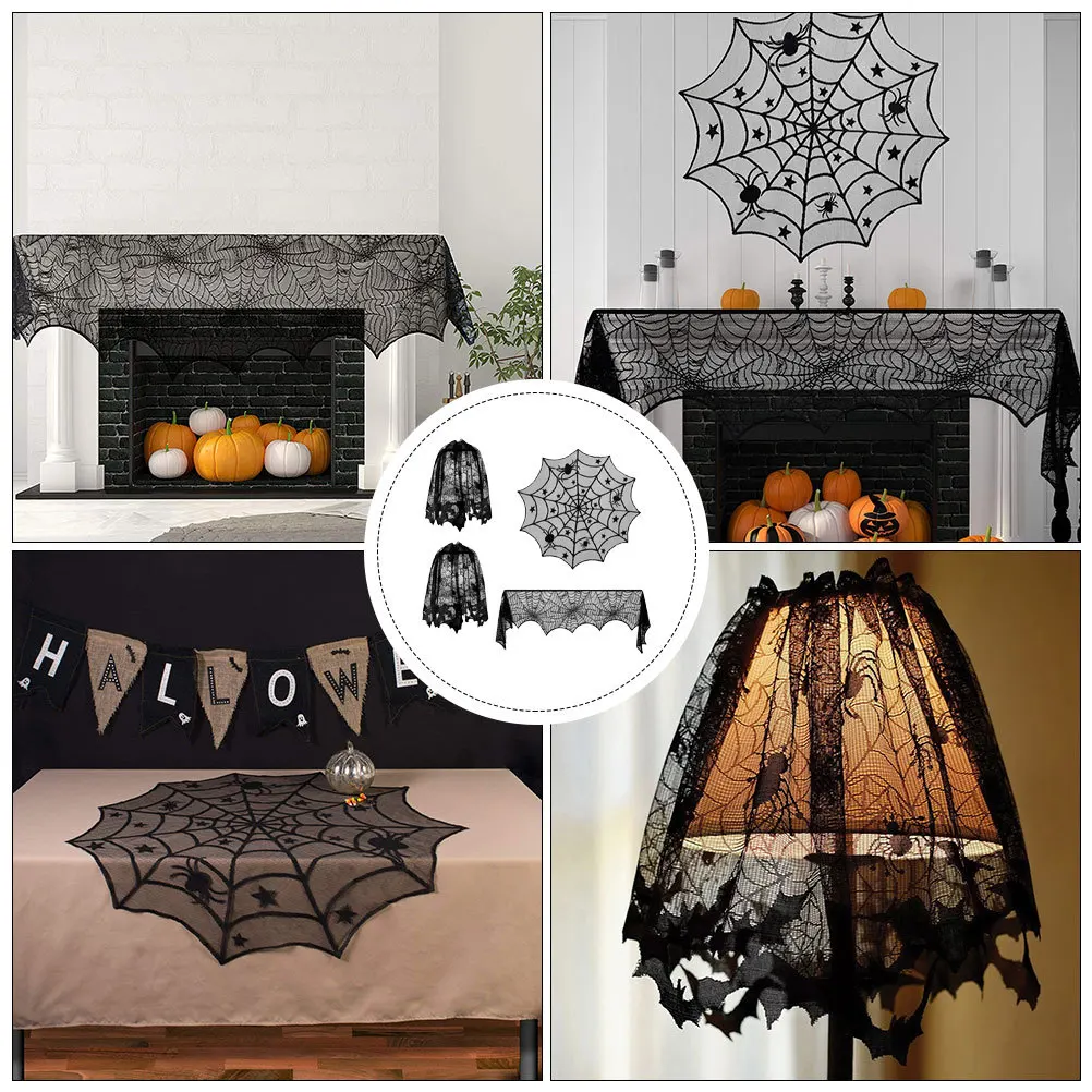 

4 pcs Halloween Lace Tablecloth Set Black Spider Web Fireplace Cloth For Party Decoration Lace Cobweb Tablecloth