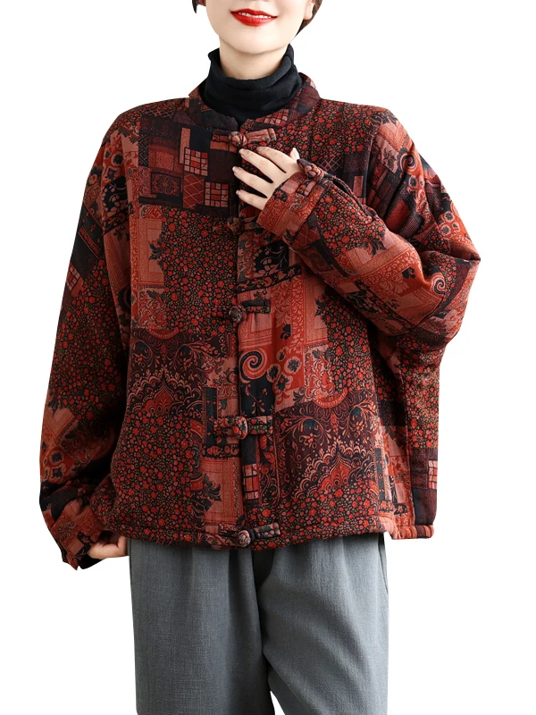 

Retro Chinese Sle Women's Cotton Jaet Loose Fit Warmth Padded Button up Coat Large Size Comfortable Winter Outerwear