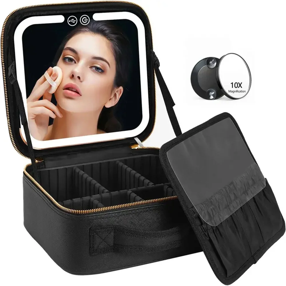 Travel Makeup Bag With LED Lighted Make Up With Mirror 3 Color Setting Cosmetic Makeup Box Organizer Vanity For Women