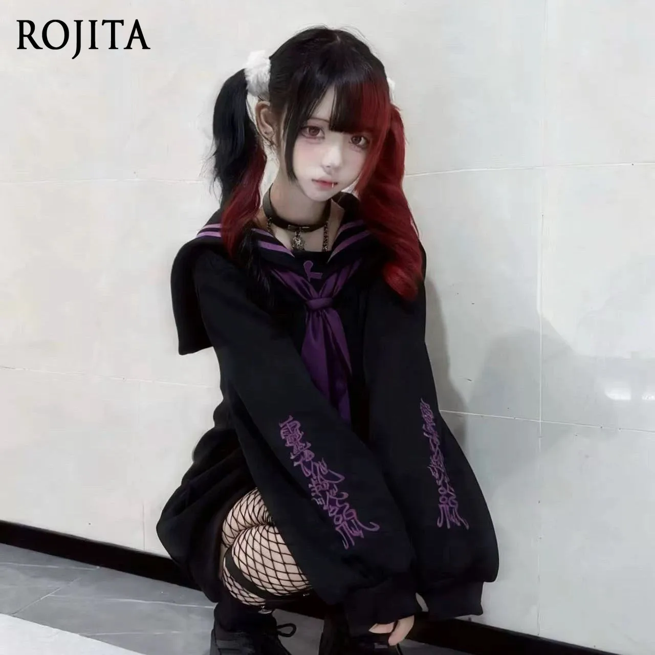 

Gothic Sailor Collar Zip-Up Hoodie with Cross Necktie Subculture Japanese Embroidered Navy Collar Sweatshirt Jacket