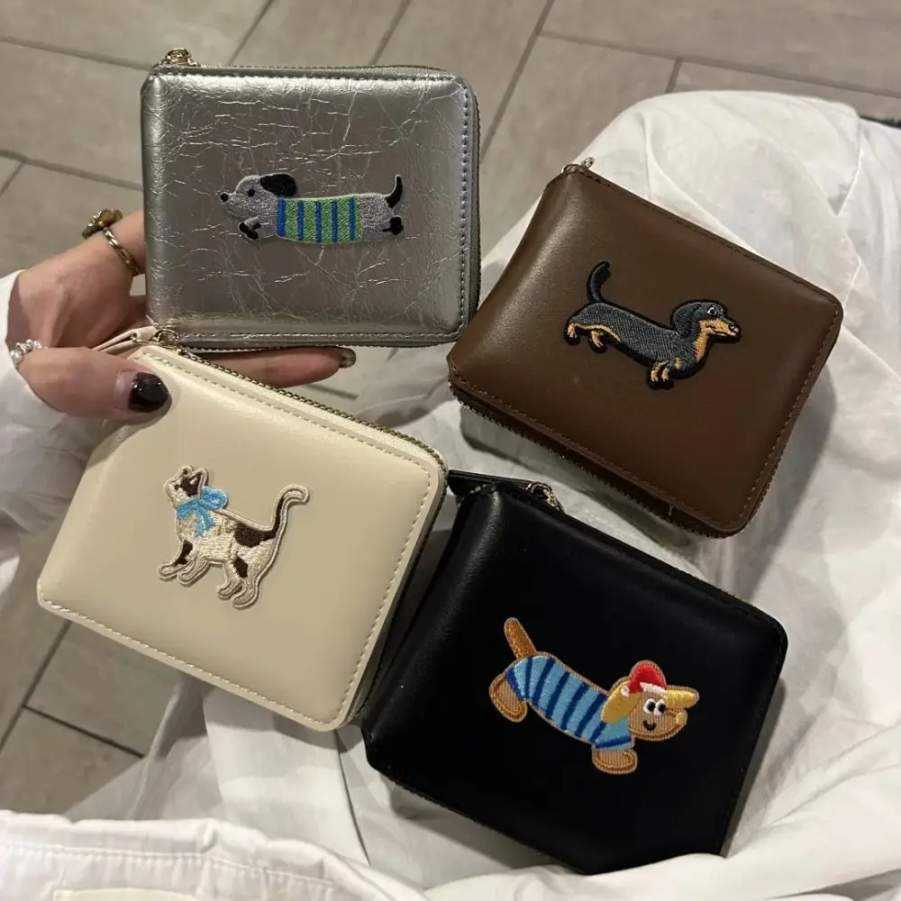

Cartoon Embroidery Dachshund Dog Wallet Multiple Card Solid Color Sausage Dog Organ Card Bag PU Leather Large Capacity