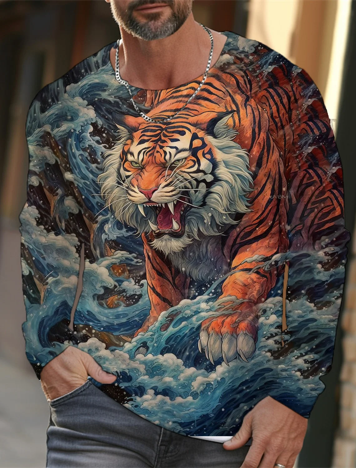 2024 new men's Ukiyoe long-sleeved T-shirt 3D printed high-definition tiger print men's autumn tops casual round neck T-shirt