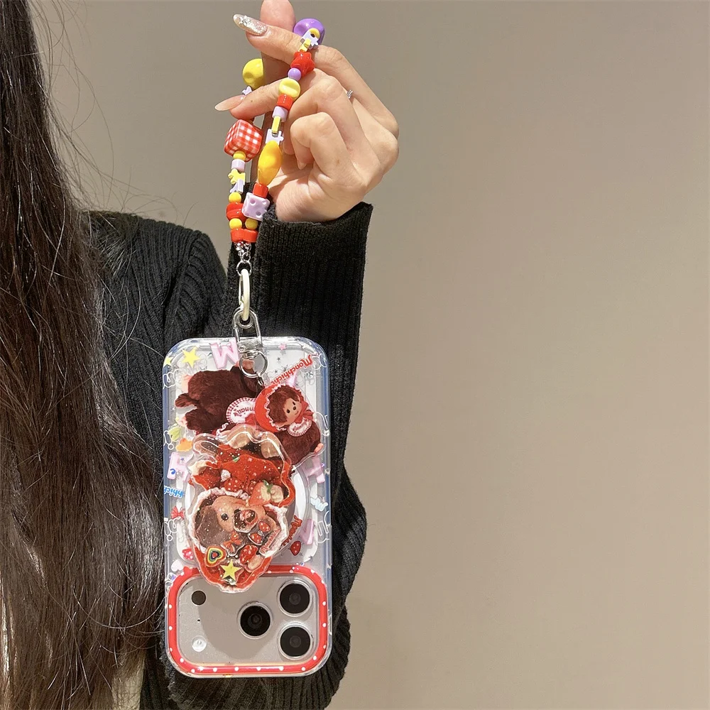 Urocze etui magnetyczne na telefon z motywem truskawkowego misia do iPhone 17 16 Pro 15 Max 14 13 17 Pro Max z podstawką Magsafe i łańcuszkiem, śliczne etui. — zdjęcie produktu 6