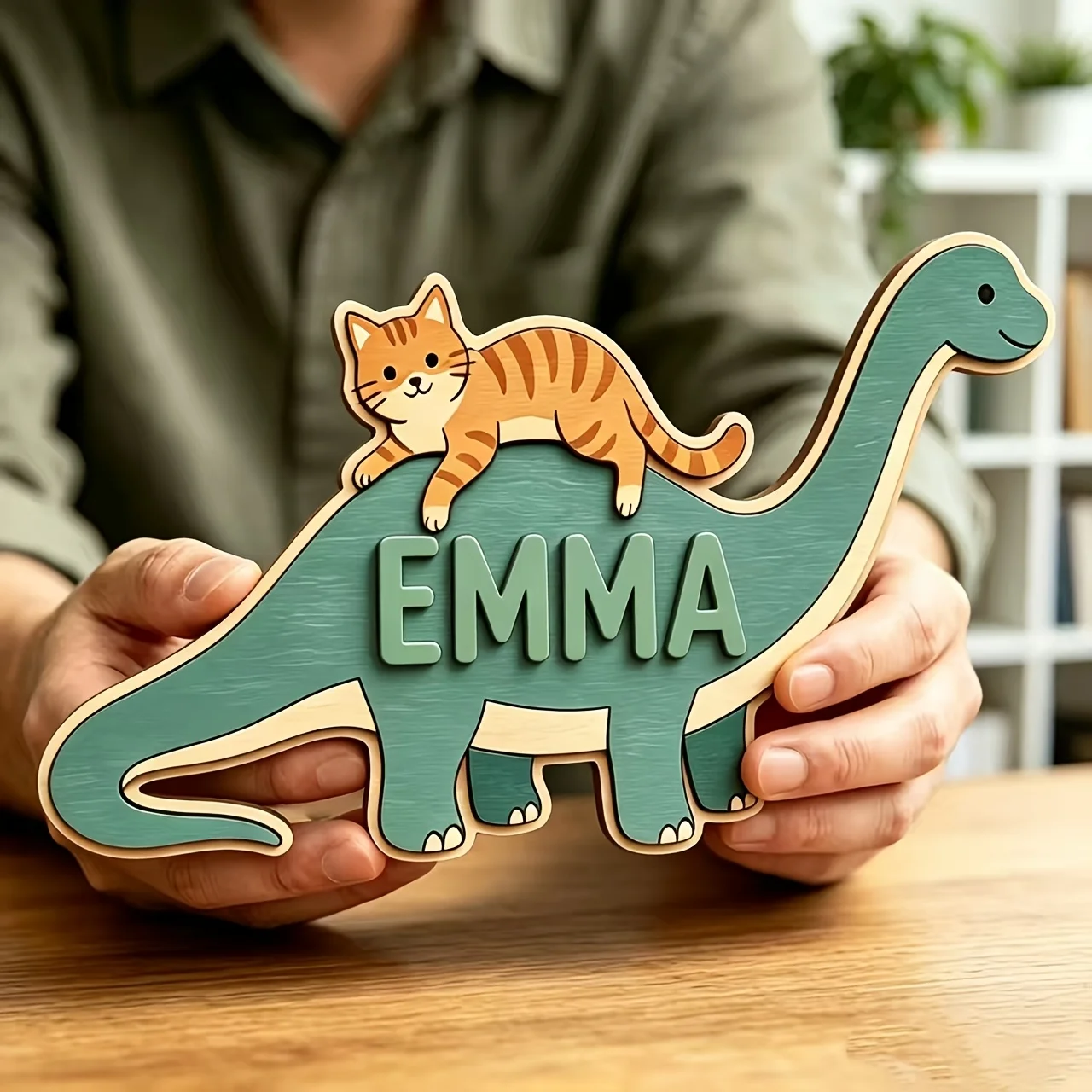 Personalized Cat Riding Dinosaur Name Room Sign, Customizable Cute Cartoon Wooden Plaque, Nursery Bedroom Decor, Sweet Gift