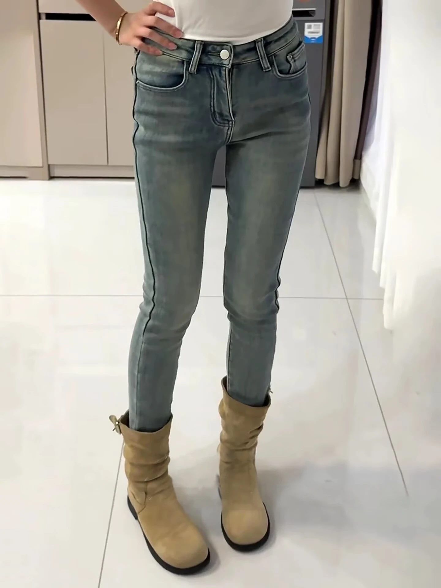 

Ретро джинсы с высокой талией и эластичной вставкой для женщин, осенне-зимние, утягивающие, с эффектом подтяжки ягодиц, укороченные, зауженные к низу