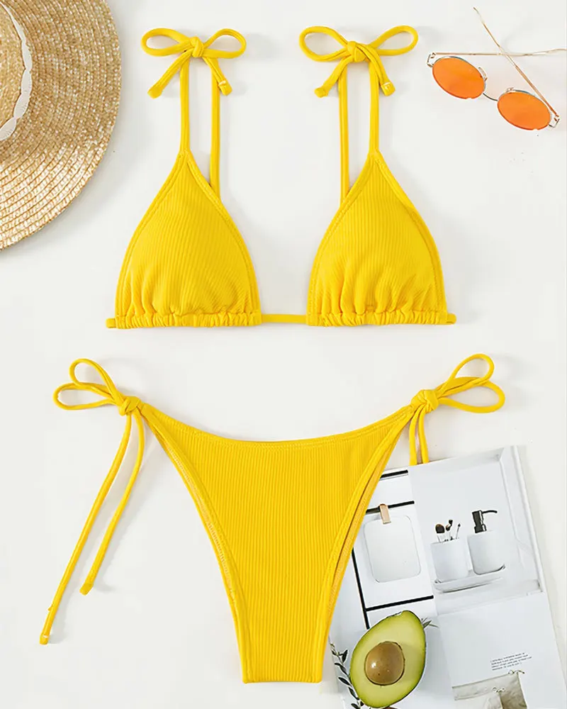 Moda Verão Sexy Amarelo Cor Sólida Lace-Up Triângulo Copa Biquíni Mulheres Swimsuit Backless Praia Swimsuit