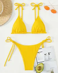 Zomermode Sexy Geel Effen Kleur Driehoek Cup Bikini Damesbadpak Rugloos Strandzwempak