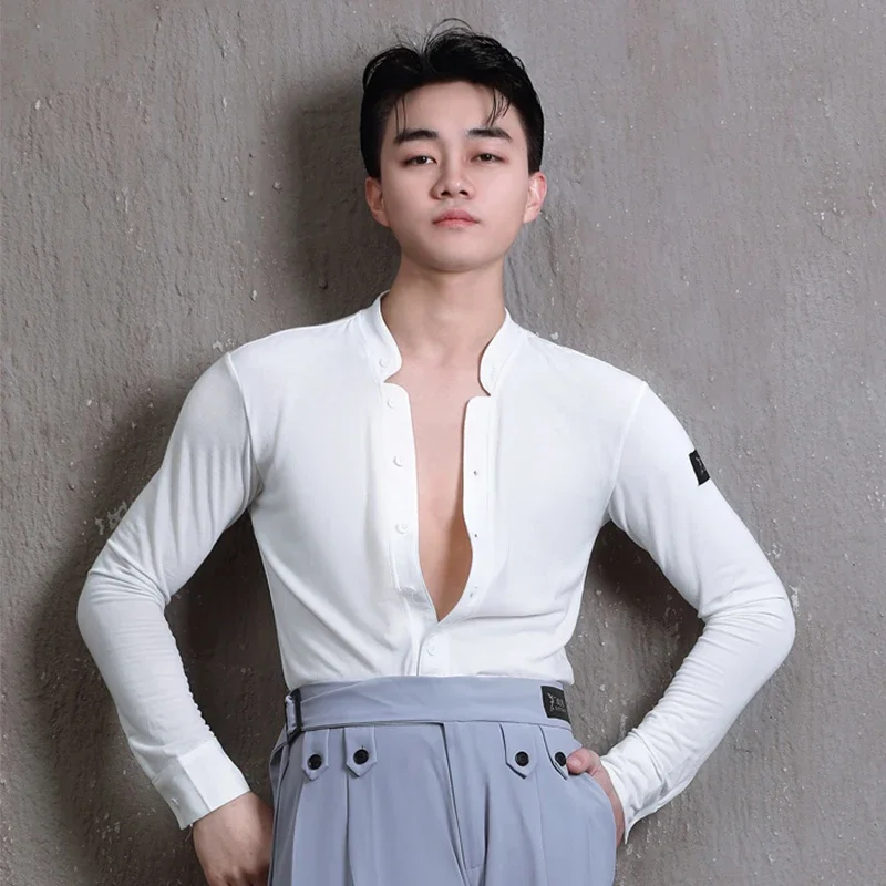 Man Latin Dance Shirt Black Long Sleeve Top Ballroom Performance Outfit White Short Sleeve Shirts Male Training Dancewear 3620