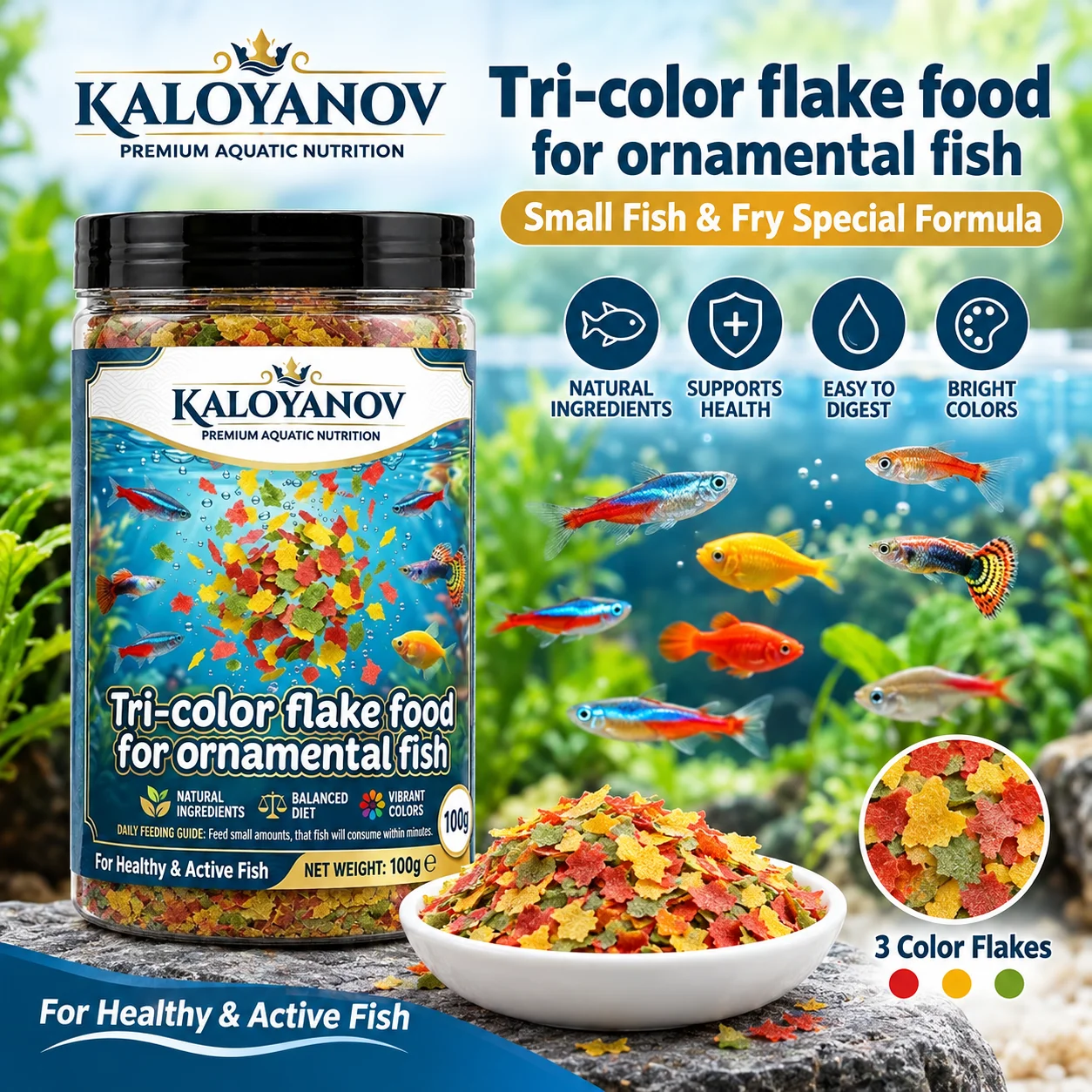 Fish Food Flake - Üç Renkli Akvaryum Balık Yemi Gevreği