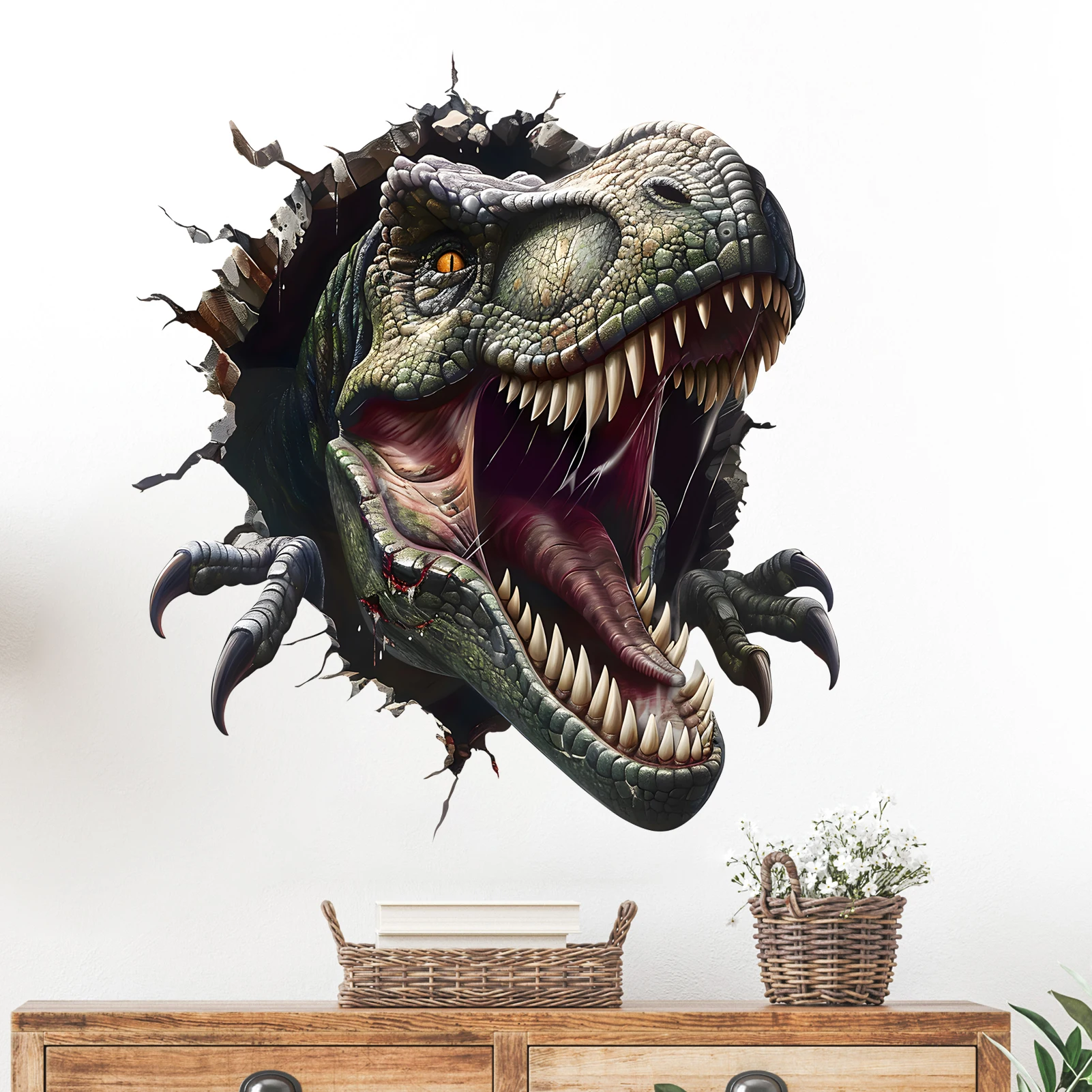 Cool T-Rex Wall Stickers, Ferocious Dinosaur Breaking Wall Decals, Removable Home Living Room Art Decor