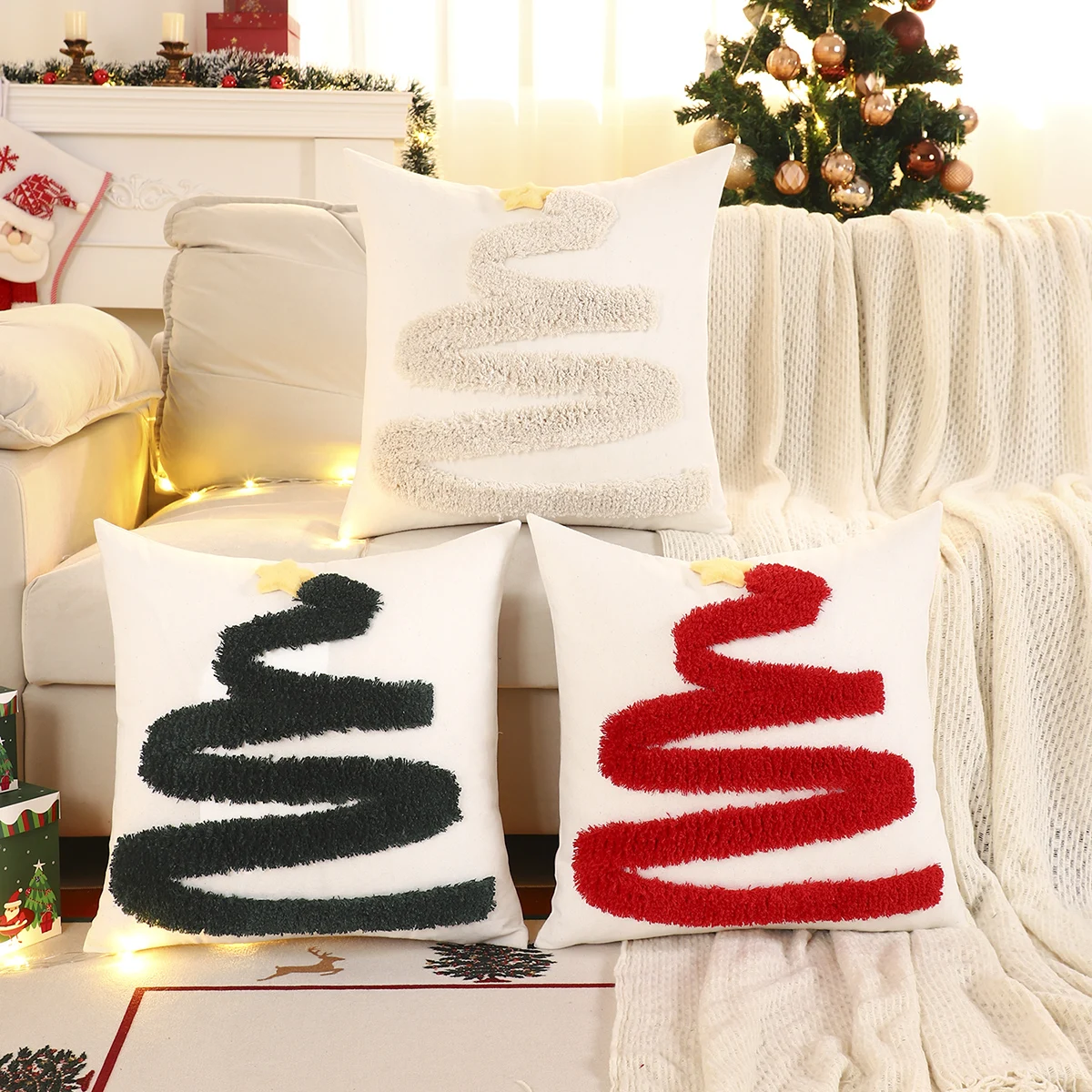1PC Weihnachtsdekoration Dekokissenbezug Stickerei Leinwand getufteter Weihnachtsbaum