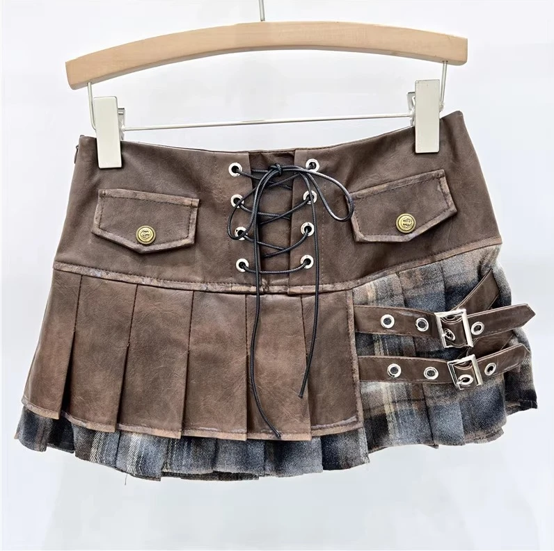 الأمريكية مثير الخريف الشتاء الصناعة الثقيلة الرجعية بولي Leather الجلود الربط تنورة الحلو فتاة باردة الحد من العمر الأزياء مطوي التنانير