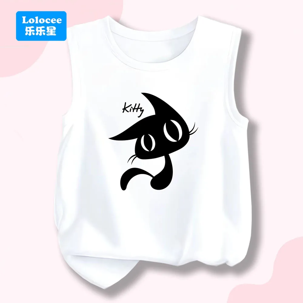 

Girls Black Kitty Print Vest Kids Summer Tank Top Kids Sleeveless Cartoon T Shirt 3-14Year Children Party Clothes MHM1