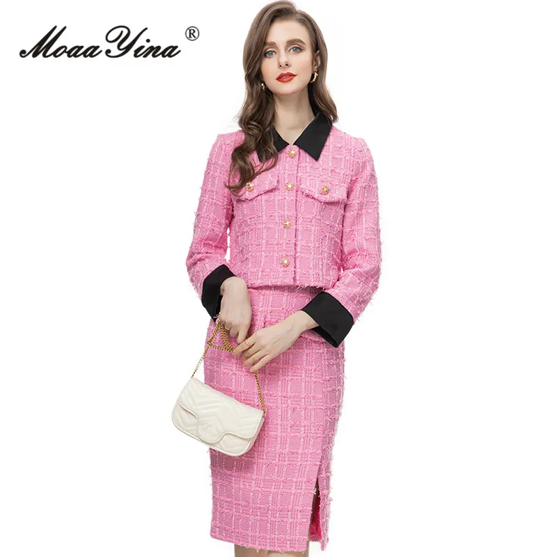 

MoaaYina Autumn Fashion Runway Vintage Hit Color Skirt Set Women Long SLeeve Slim Coats+Package Buttocks Slit Skirt 2 Piece Set