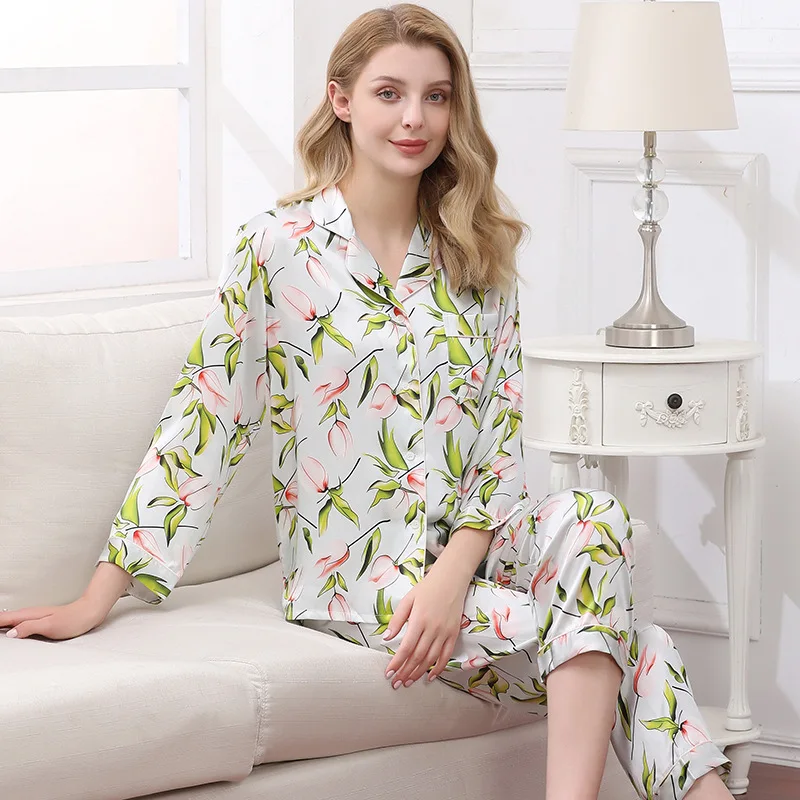 Birdtree Fall 16MM 100%Real Mulberry Silk Pajama Set Women Satin Print Pyjama Pj Suit Long Sleeve Bedroom Sleepwear Set P36637QC