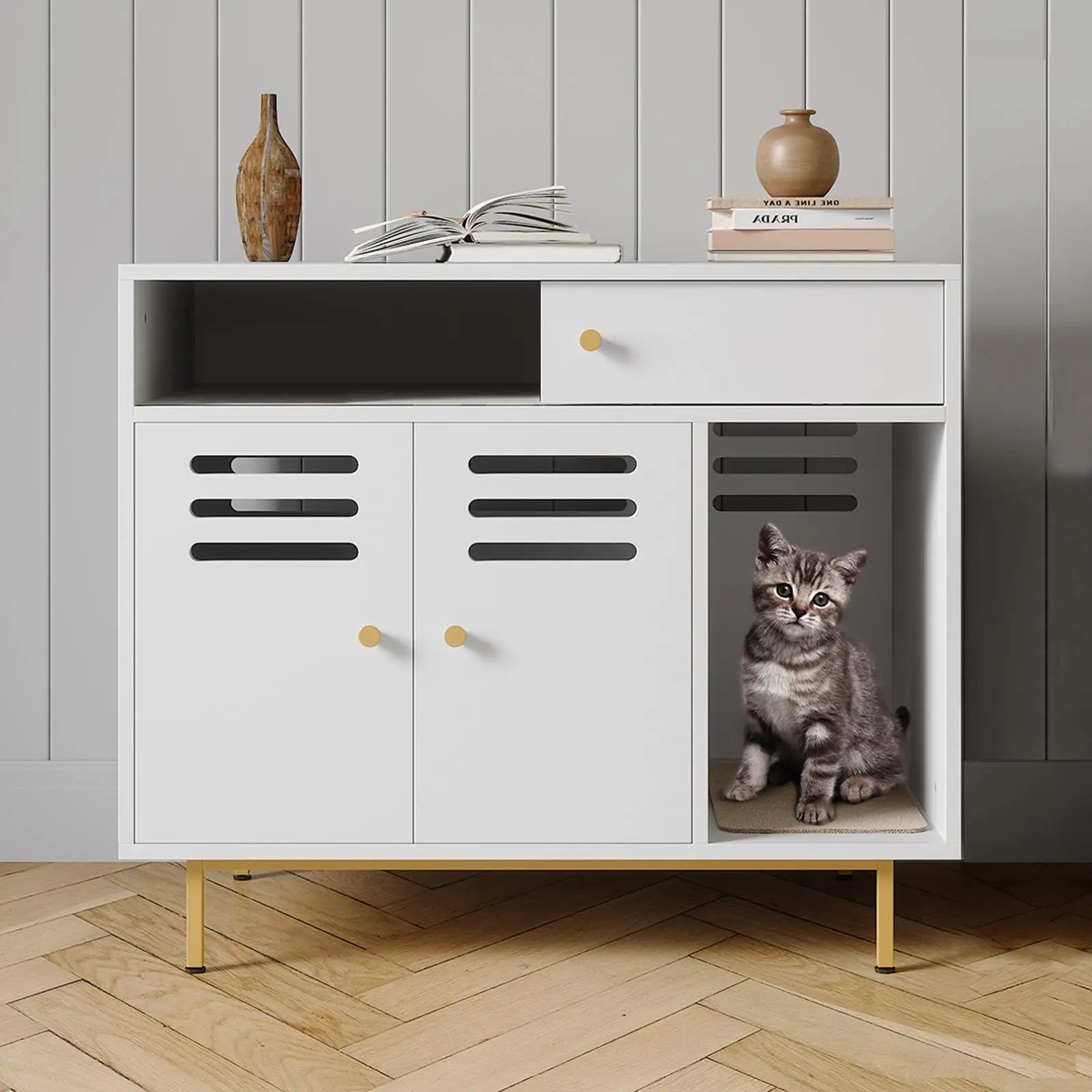 Moderno lettiera per gatti bianca con ripiani portaoggetti, armadio nascosto per lettiera di grandi dimensioni, pannello ventilato e cuccia per gatti con copertura a prova di cani, ideale per uso