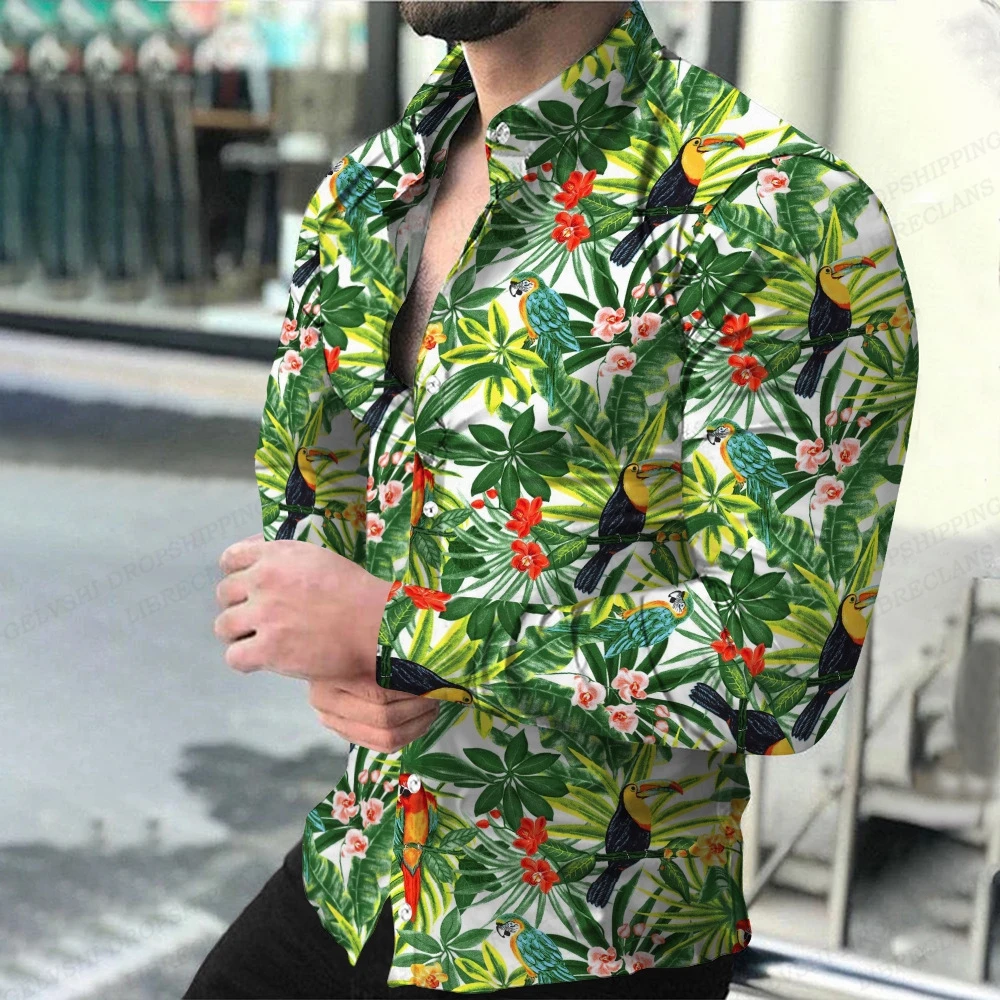 

HawaiianTucan Bird Shirts Men Fashion Hawaii Shirt Floral Beach Blouses Single Breasted Camisas Men's Clothing Turn Over Collar