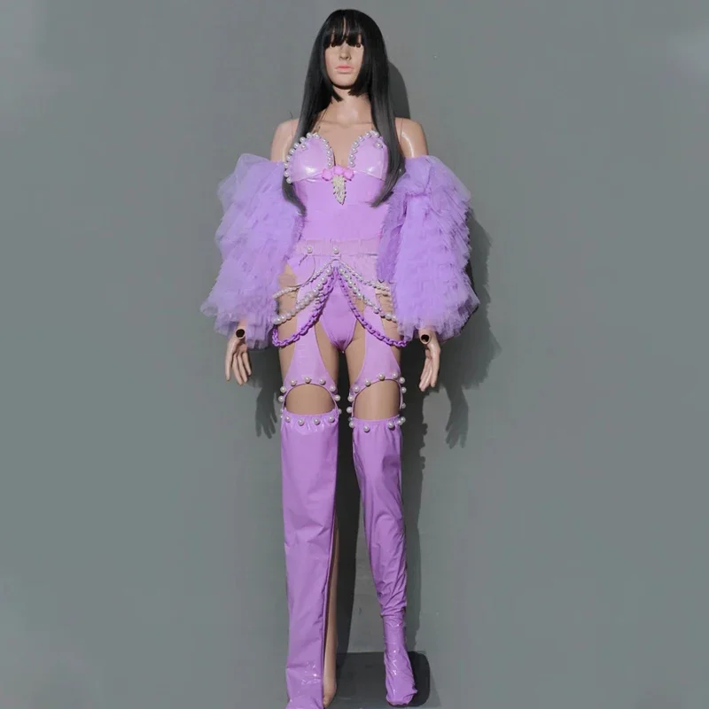 

Костюм Drag Queen, женский фиолетовый сетчатый костюм с рукавами и жемчугом, кожаное боди, чехол для ног, ночной клуб DJ DS, наряд для танцев на пилоне, рейв, XS5762