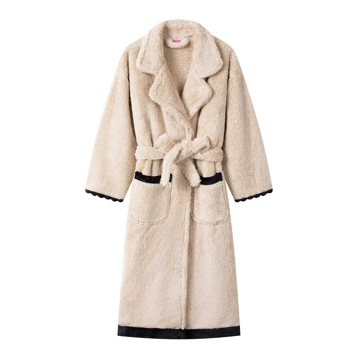 Women Plush Fleece Bathrobe Soft Warm Long Sleeve Lapel Collar Belted Loungewear With Contrast Trim Pockets Cozy Winter Home