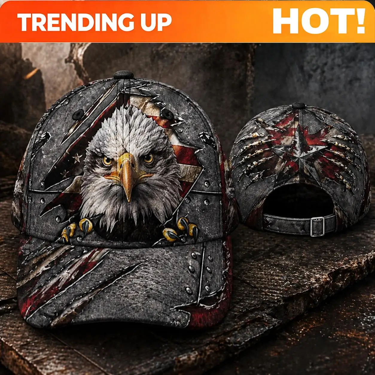Custom Baseball Cap with Eagle-shaped Metal Star Emblem, Vintage-style Pattern, Adjustable, Suitable for Hiking, Lakeside Trails
