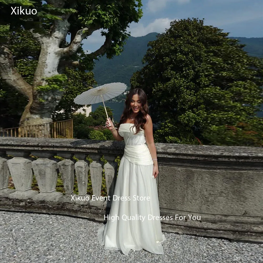 

Xikuo Chiffon Maxi Evening Dresses Ruched A Line Elegant Vestidos De Gala Strapless Pleated Ruched Wedding Dresses Customized
