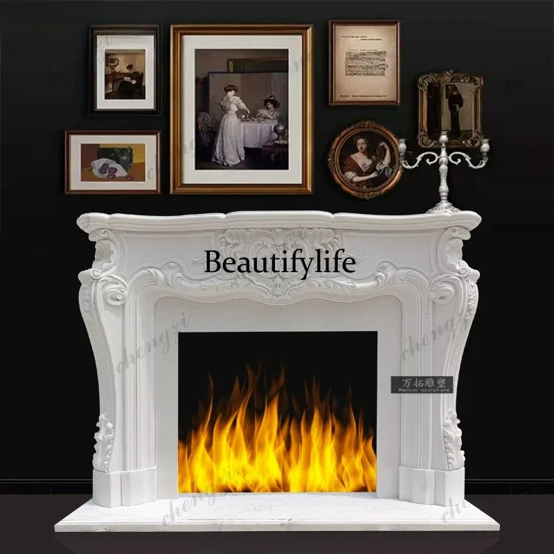 A139 Marble fireplace European carved villa decorative cabinet white marble stone French stone carving fireplace rack
