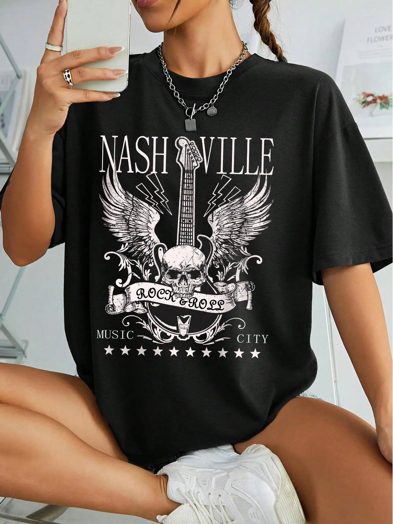 

Plus Size Nashville Rock and Roll Graphic Tee Retro Music City Inspired Shirt Trendy Oversized Top for a Stylish Look