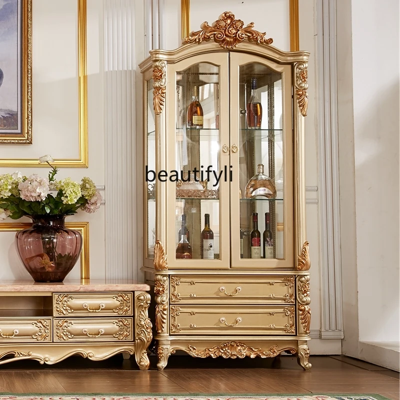 European-Style Solid Wood Champagne High-End Living Room TV Cabinet Side Cabinet Simple European Carved Glass Wine Cabinet