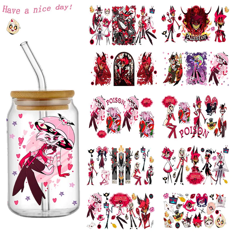 3D Cartoon Hazbin Hotel 16oz UV DTF Cup Wrap Tumbler Glass Plastic Can Transfer Sticker Waterproof Self-adhesive Custom Decals