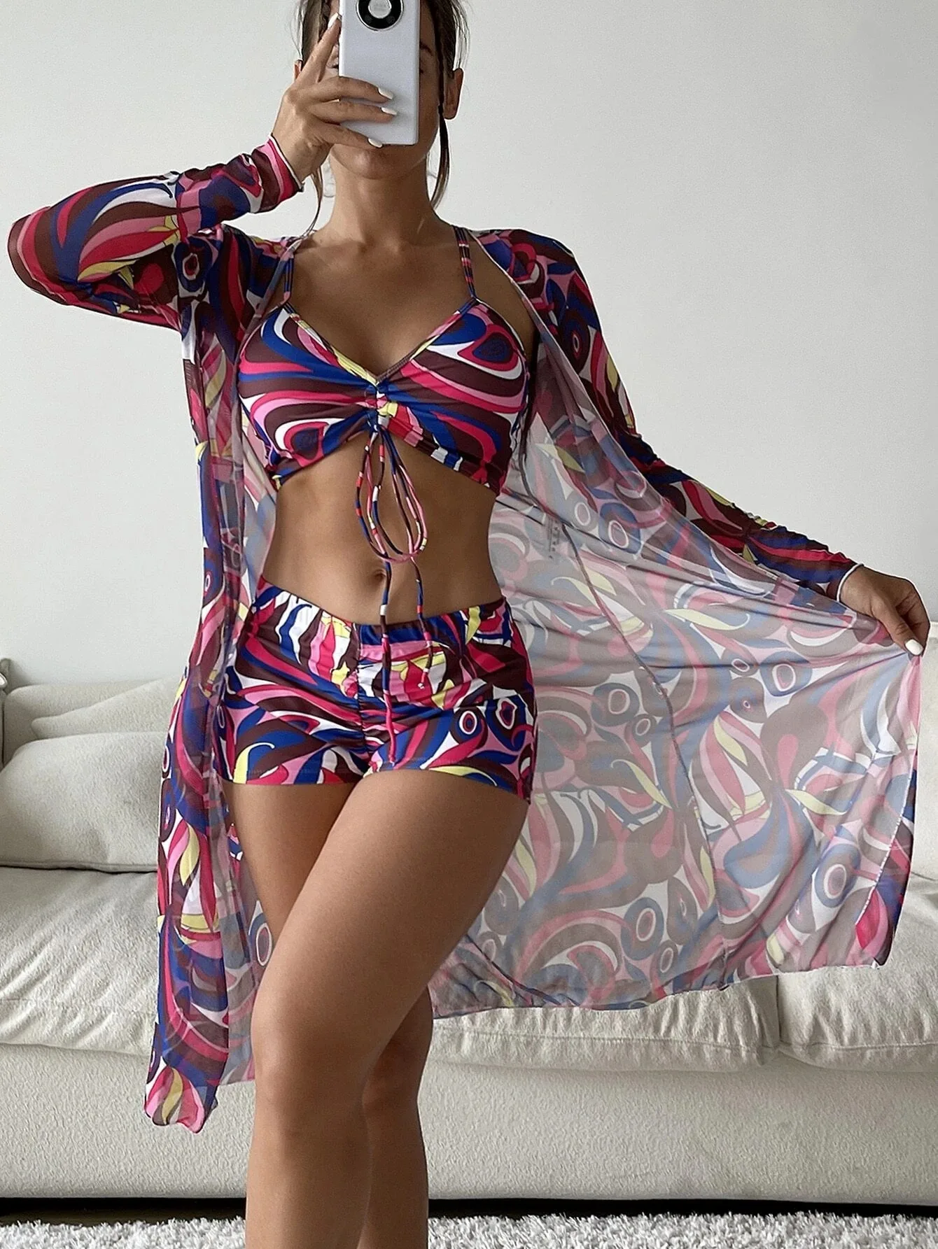 Women Swimsuit Split Three-piece Set  Art Print Multi-color Hight Waist Long-sleeved Cover-up Drawstring Swimwear bathing suit