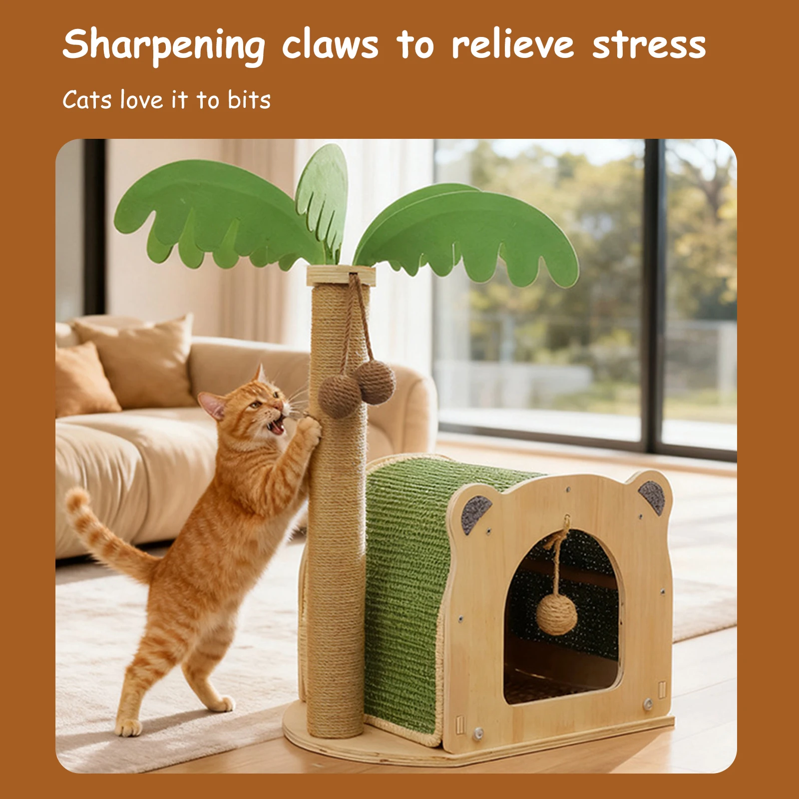 

Деревянная когтеточка для кошек в форме кокосовой пальмы с подвесными шариками, нескользящая интерактивная игрушка-домик для домашних кошек и котят
