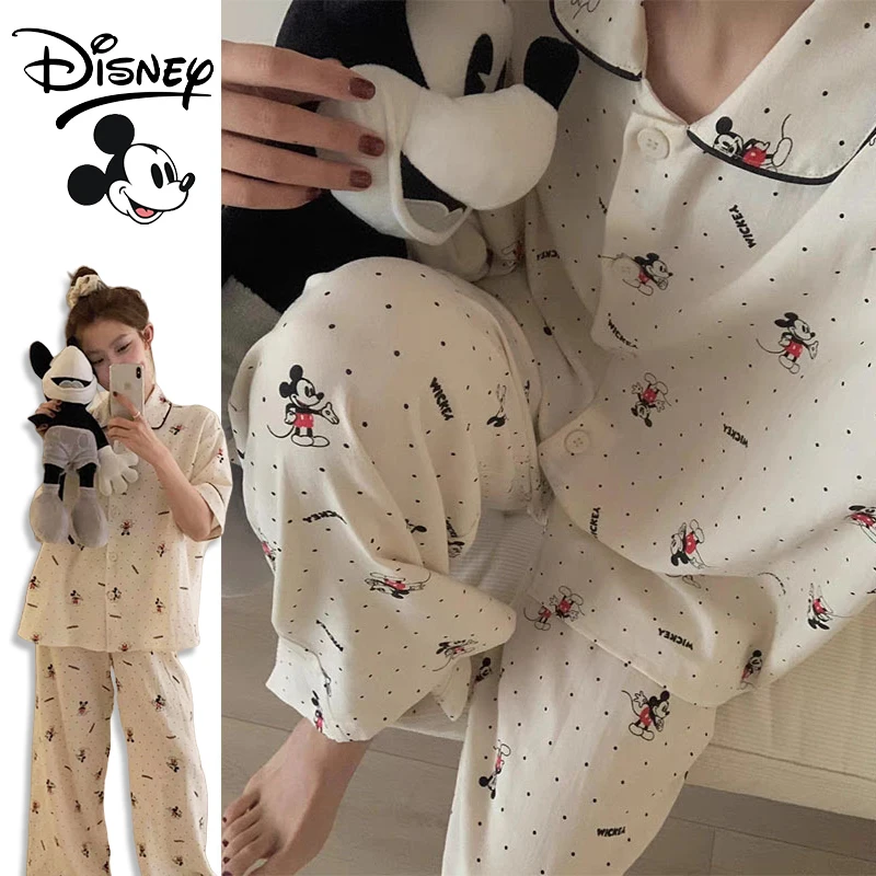 Disney Mickey Mouse Pajamas Set Cotton Women Short Sleeve Trousers Cartoon Korean Home Blouse Fashion Girls Cute Sleepwear Suit