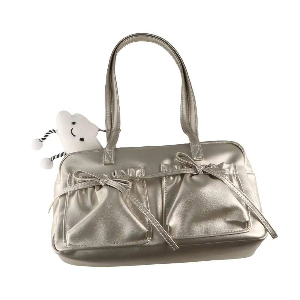 

PU Bow Handbag Balletcore Style Large Capacity Bow Underarm Bag Solid Color Korean Style Leather Shoulder Bag Streetwear