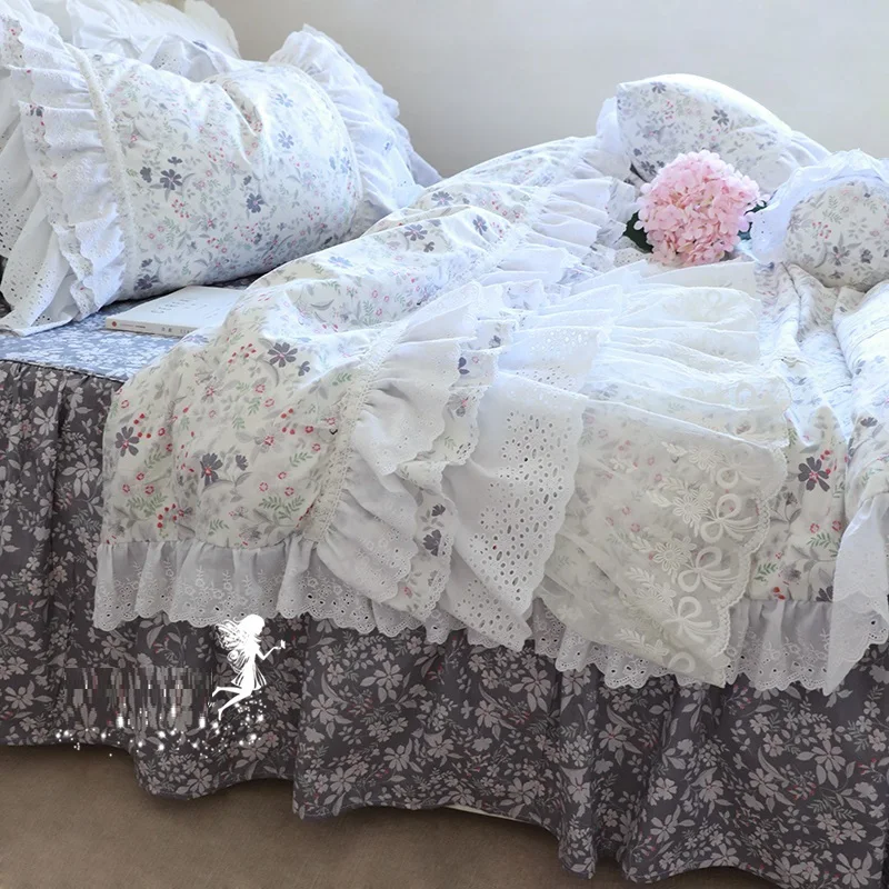 

Brand New 100% Cotton Lace Bedding Set, Princess Floral Garden Cotton 4pcs Set, Ruffle Layers Duvet Cover with Lotus Edge 4pcs