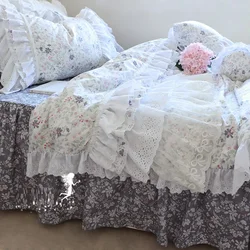 Brand New 100% Cotton Lace Bedding Set, Princess Floral Garden Cotton 4pcs Set, Ruffle Layers Duvet Cover with Lotus Edge 4pcs
