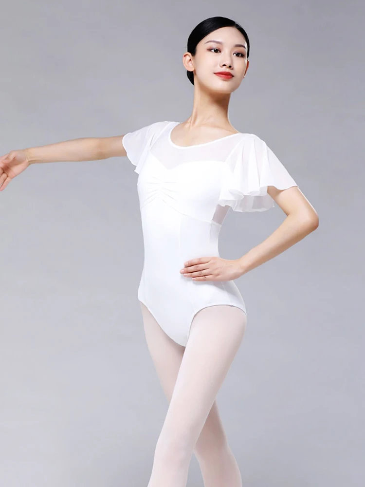 Tights ballet dance dress female practice net gauze lotus leaf small flying sleeve high hip body dance jumpsuit adult yoga