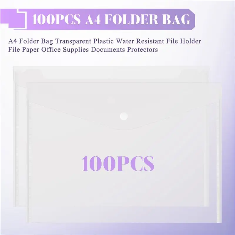 100PCS A4 Folder Bag Transparent Plastic Water Resistant File Holder File Paper Office Supplies Documents Protectors