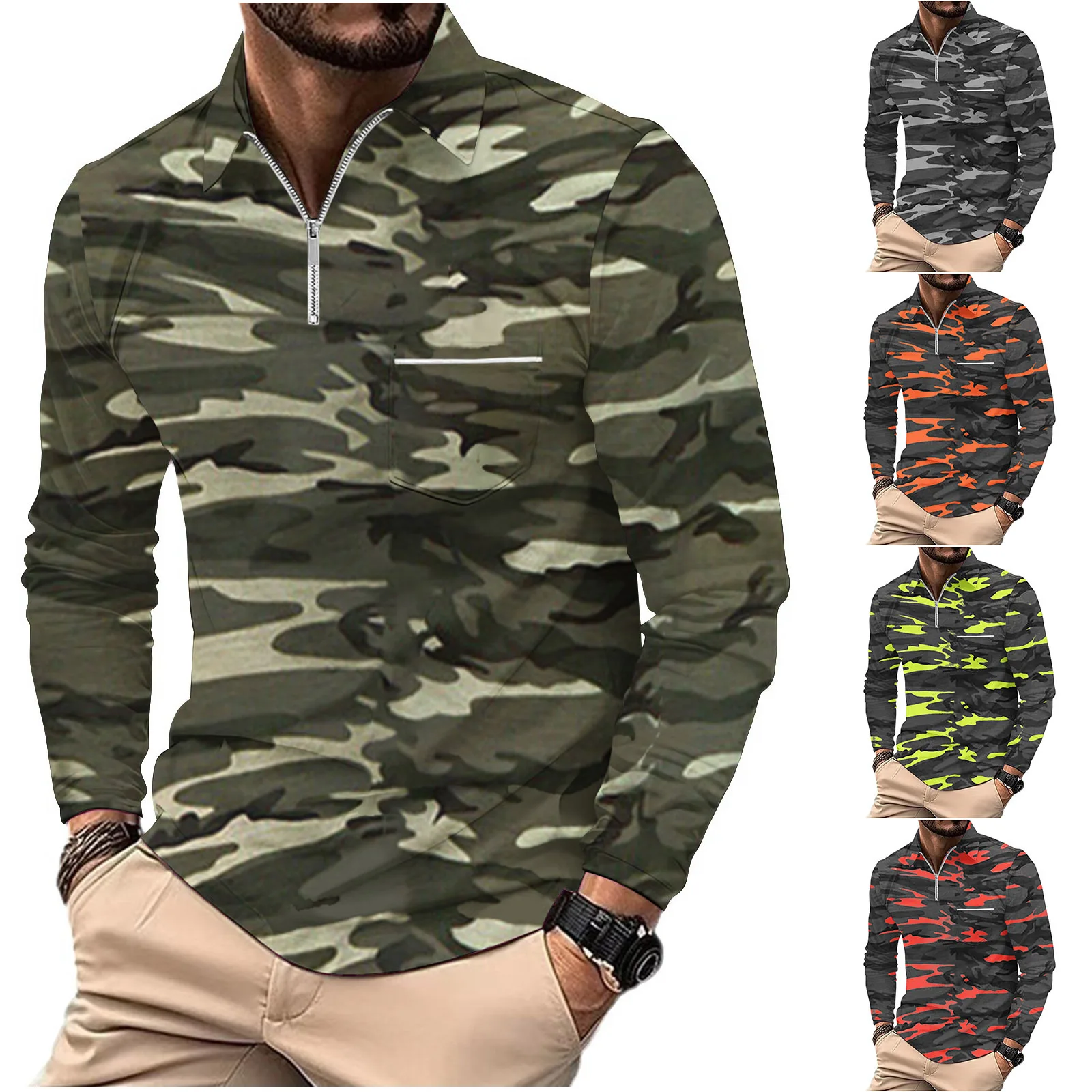 2024 New Spring Workwear style Lapel zipper vintage camouflage 3D printing European and American men's outdoor long-sleeved polo