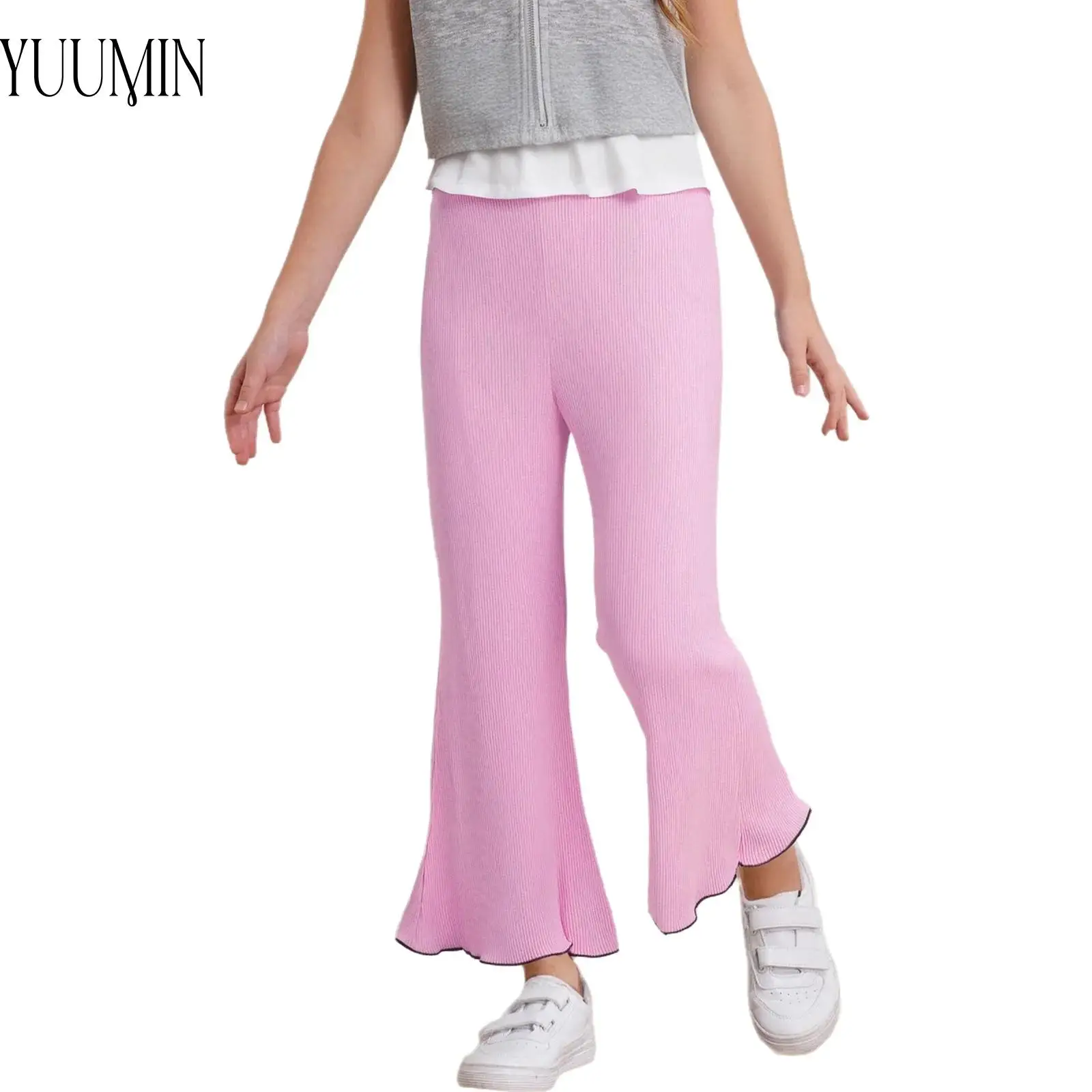

Kids Girls Bell-Bottomed Ribbed Fitness Pants Elastic Waistband Solid Color Trousers for Casual Daily Holiday Beach Home Sports
