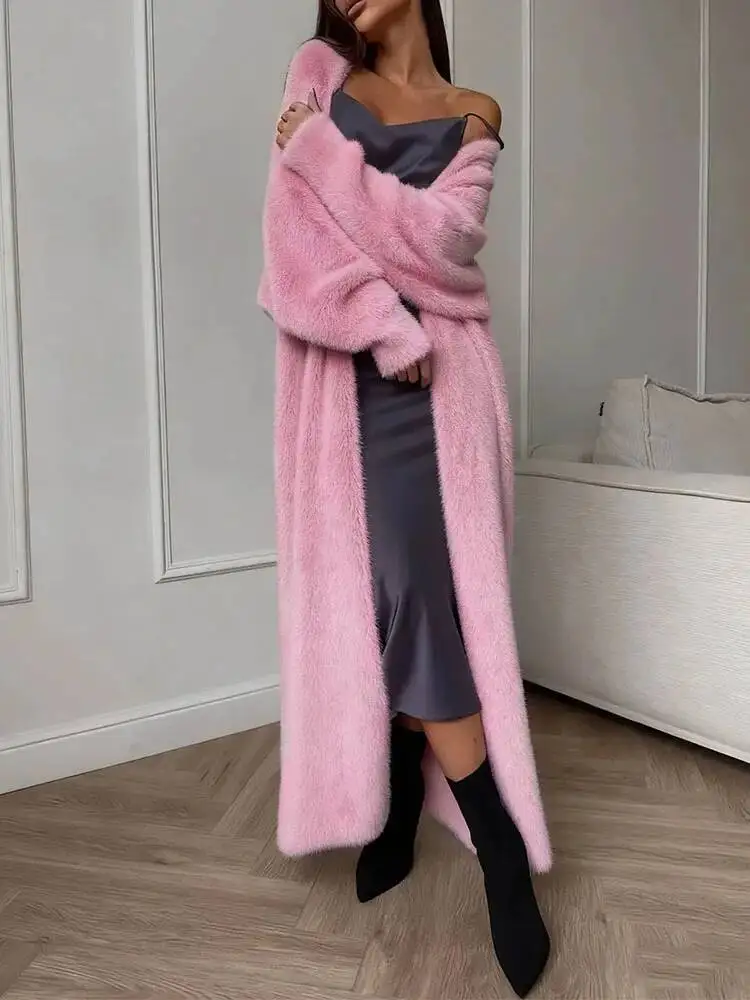 White Long Loose Knitted Cardigan Coat Women's Autumn Winter Polyester Fleece Soft Thick Street Style Pure Color Coat 2